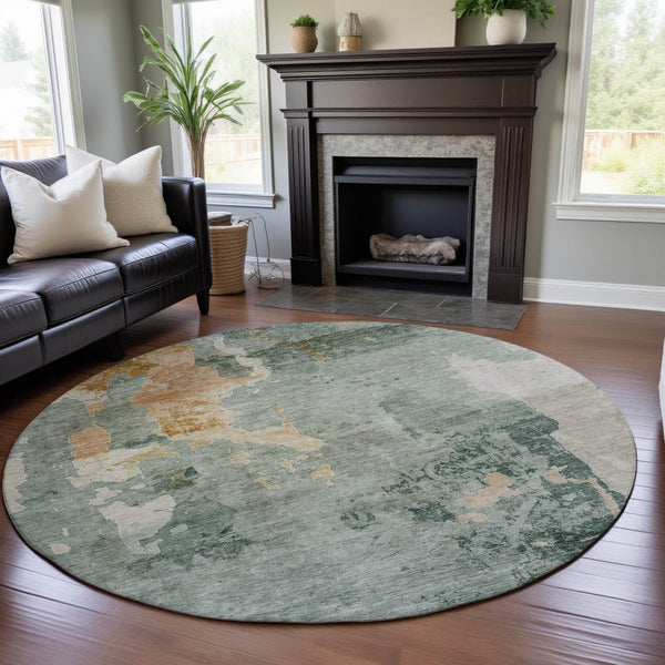HomeRoots 8' Aqua & Wheat Abstract Washable Round Rug – UV Protected, Stylish, Stain-Resistant Comfort for Homes 687074