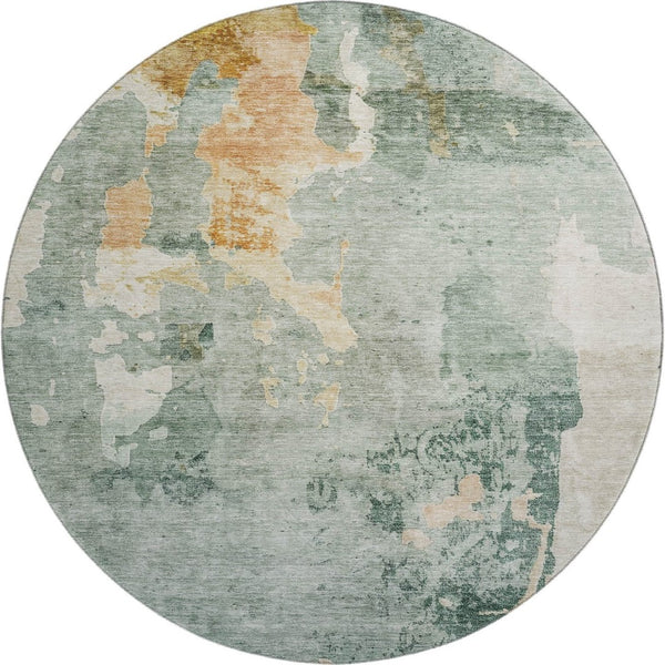 HomeRoots 8' Aqua & Wheat Abstract Washable Round Rug – UV Protected, Stylish, Stain-Resistant Comfort for Homes 687074