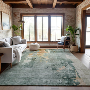HomeRoots 9' X 12' Aqua & Wheat Abstract Area Rug - Washable, UV-Protected, Stylish & Durable for Every Space 687076