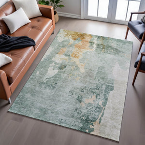 HomeRoots 9' X 12' Aqua & Wheat Abstract Area Rug - Washable, UV-Protected, Stylish & Durable for Every Space 687076