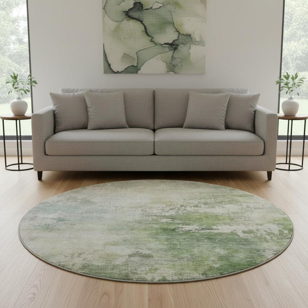 HomeRoots 8' Artichoke Green & Beige Abstract Round Rug - Washable, UV Protected, Perfect for High Traffic Areas! 687080