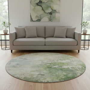 HomeRoots 8' Artichoke Green & Beige Abstract Round Rug - Washable, UV Protected, Perfect for High Traffic Areas! 687080