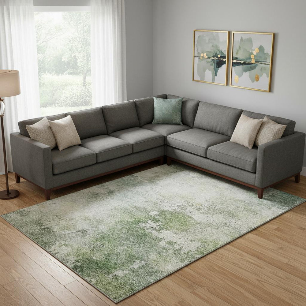 HomeRoots 10' X 14' Artichoke Green & Beige Abstract Area Rug - Washable, UV Protected & Ideal for Busy Homes 687083