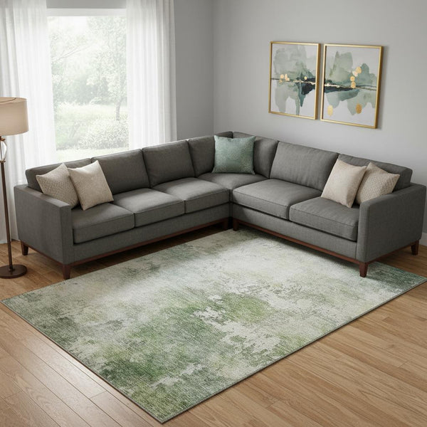HomeRoots 10' X 14' Artichoke Green & Beige Abstract Area Rug - Washable, UV Protected & Ideal for Busy Homes 687083