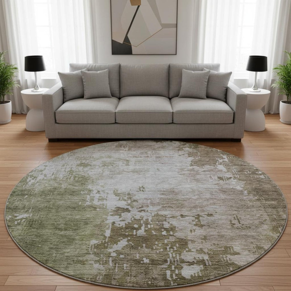 HomeRoots 8' Abstract Round Rug in Brown, Beige & Green - Washable, UV-Protected, Stain Resistant & Durable Design 687092