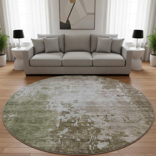 HomeRoots 8' Abstract Round Rug in Brown, Beige & Green - Washable, UV-Protected, Stain Resistant & Durable Design 687092