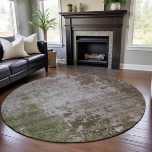 HomeRoots 8' Abstract Round Rug in Brown, Beige & Green - Washable, UV-Protected, Stain Resistant & Durable Design 687092