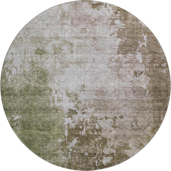 HomeRoots 8' Abstract Round Rug in Brown, Beige & Green - Washable, UV-Protected, Stain Resistant & Durable Design 687092