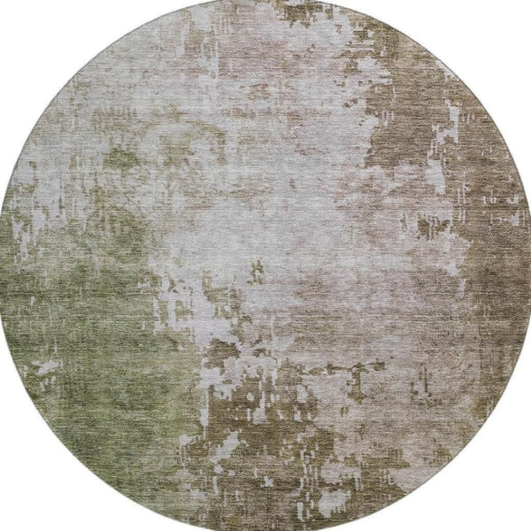 HomeRoots 8' Abstract Round Rug in Brown, Beige & Green - Washable, UV-Protected, Stain Resistant & Durable Design 687092