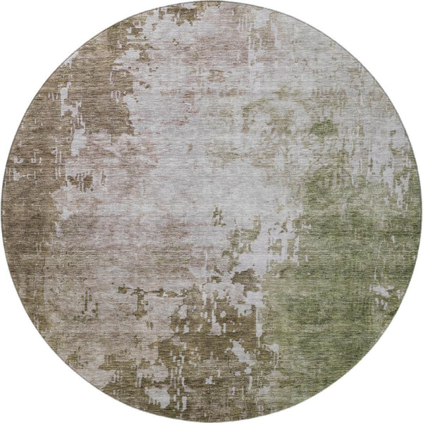 HomeRoots 8' Abstract Round Rug in Brown, Beige & Green - Washable, UV-Protected, Stain Resistant & Durable Design 687092