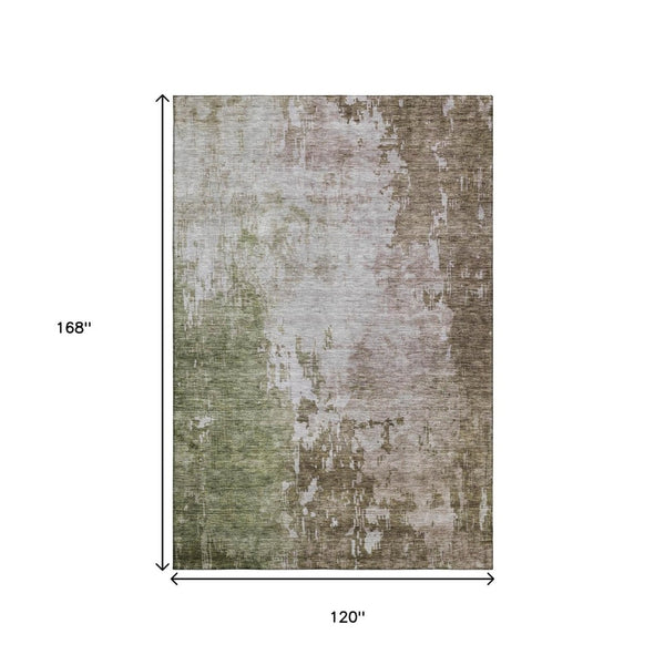 HomeRoots 10' X 14' Abstract Area Rug in Brown, Beige & Green - Washable, UV Protected, Stain Resistant Beauty 687095