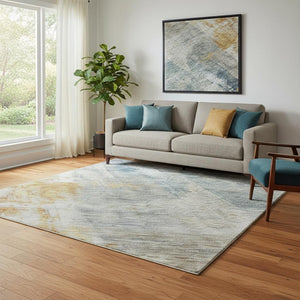 HomeRoots 5' X 8' Elegant Linen Gold & Teal Abstract Washable Area Rug with UV Protection for Busy Homes 687097