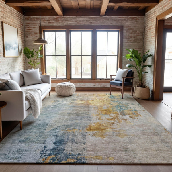 HomeRoots 5' X 8' Elegant Linen Gold & Teal Abstract Washable Area Rug with UV Protection for Busy Homes 687097