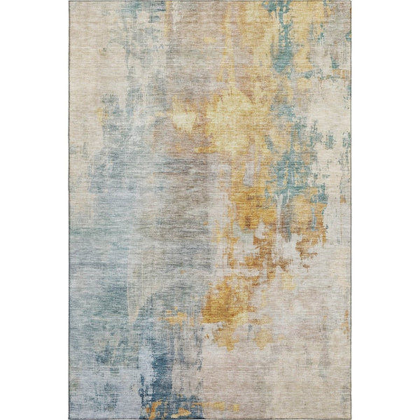 HomeRoots 5' X 8' Elegant Linen Gold & Teal Abstract Washable Area Rug with UV Protection for Busy Homes 687097