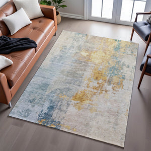 HomeRoots 5' X 8' Elegant Linen Gold & Teal Abstract Washable Area Rug with UV Protection for Busy Homes 687097