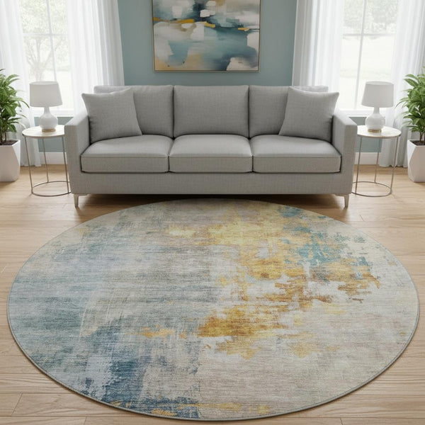 HomeRoots 8' Linen Gold and Teal Abstract Washable Round Rug – Stylish, Durable, UV-Protected for Active Homes 687098