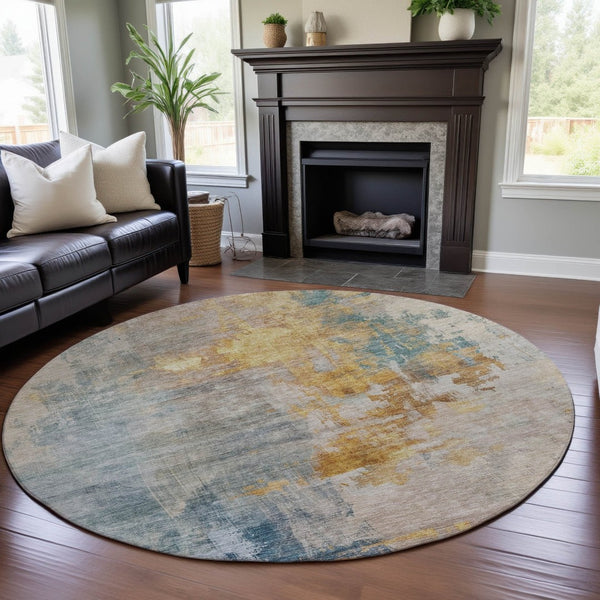 HomeRoots 8' Linen Gold and Teal Abstract Washable Round Rug – Stylish, Durable, UV-Protected for Active Homes 687098