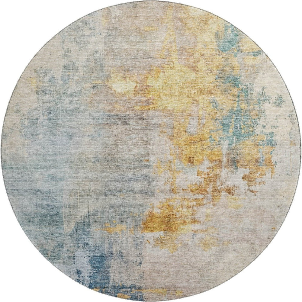 HomeRoots 8' Linen Gold and Teal Abstract Washable Round Rug – Stylish, Durable, UV-Protected for Active Homes 687098