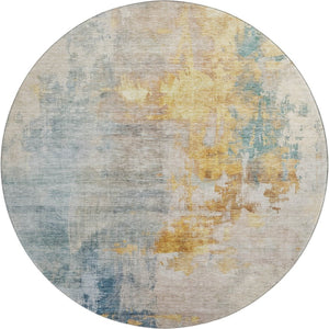 HomeRoots 8' Linen Gold and Teal Abstract Washable Round Rug – Stylish, Durable, UV-Protected for Active Homes 687098
