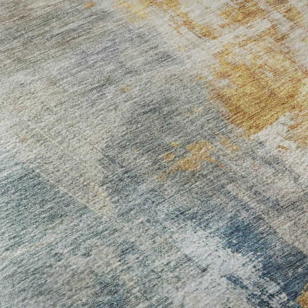 HomeRoots 8' Linen Gold and Teal Abstract Washable Round Rug – Stylish, Durable, UV-Protected for Active Homes 687098
