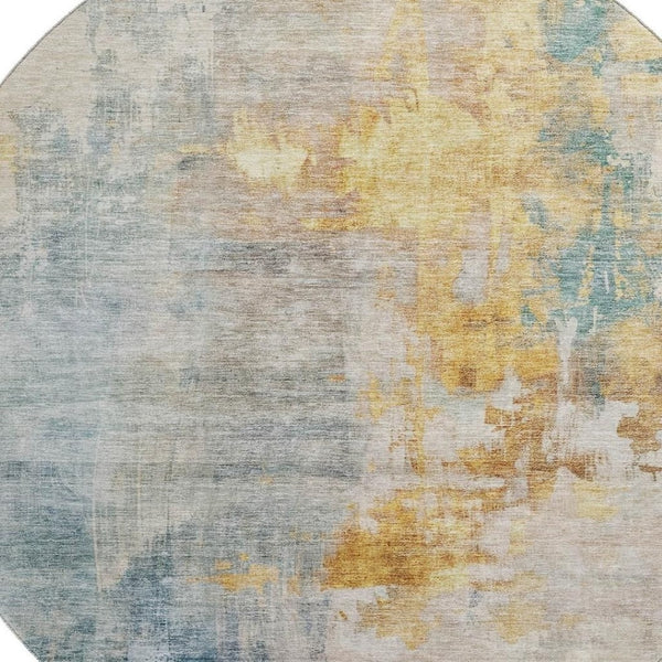 HomeRoots 8' Linen Gold and Teal Abstract Washable Round Rug – Stylish, Durable, UV-Protected for Active Homes 687098