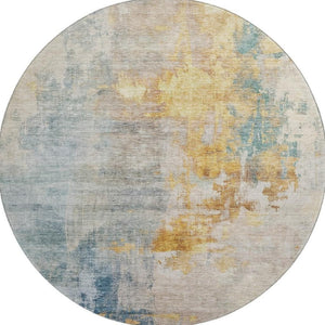 HomeRoots 8' Linen Gold and Teal Abstract Washable Round Rug – Stylish, Durable, UV-Protected for Active Homes 687098