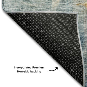HomeRoots 8' X 10' Abstract Washable Area Rug in Linen Gold & Teal with UV Protection for Easy Care Living Spaces 687099