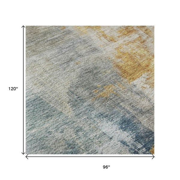 HomeRoots 8' X 10' Abstract Washable Area Rug in Linen Gold & Teal with UV Protection for Easy Care Living Spaces 687099