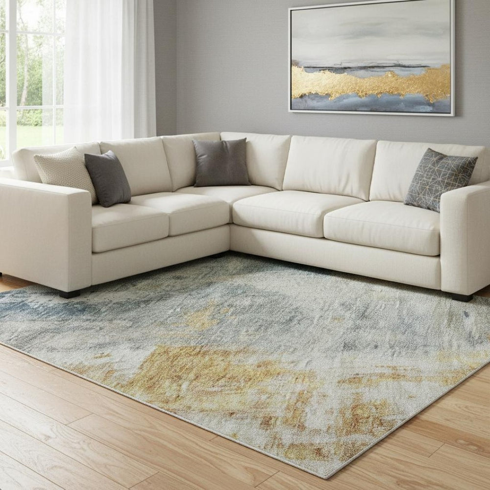 HomeRoots 8' X 10' Abstract Washable Area Rug in Linen Gold & Teal with UV Protection for Easy Care Living Spaces 687099