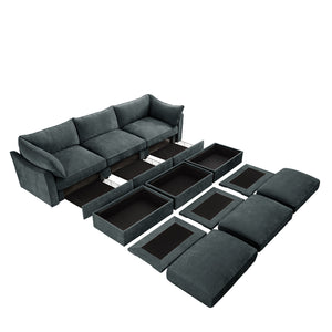 English Elm 3 Seater Sofa With 3 Ottomans - Stylish Chenille Modular Sofa With Storage Drawers For Living Room W3041S00198