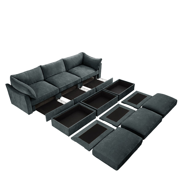 English Elm 3 Seater Sofa With 3 Ottomans - Stylish Chenille Modular Sofa With Storage Drawers For Living Room W3041S00198