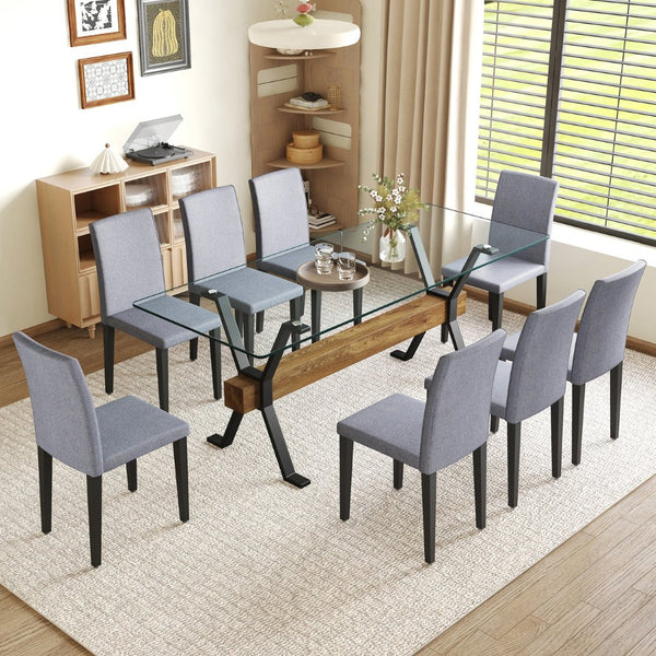 English Elm Table Set With 79" Tempered Glass Top & 8 Light Gray Linen-Cotton Chairs - Modern Elegance For Dining W1151S03619-GIGA