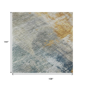 HomeRoots 9' X 12' Linen Gold and Teal Abstract Area Rug - Stylish, Washable, Stain-Resistant with UV Protection 687100