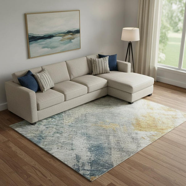 HomeRoots 9' X 12' Linen Gold and Teal Abstract Area Rug - Stylish, Washable, Stain-Resistant with UV Protection 687100