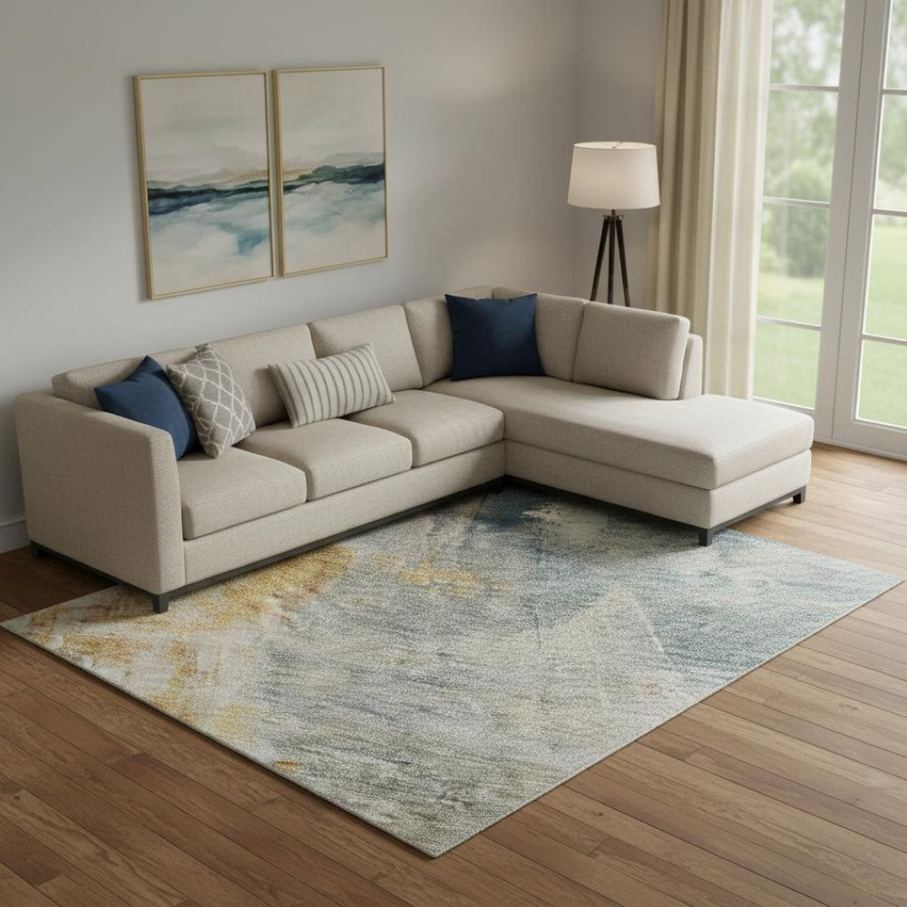 HomeRoots 10' X 14' Linen Gold and Teal Abstract Area Rug - Washable, UV-Protected, Durable Design for Homes 687101