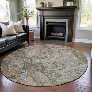 HomeRoots 8' Terra Cotta Brown & Gray Abstract Washable Round Rug - UV Protection, Stain-Resistant & Soft! 687104