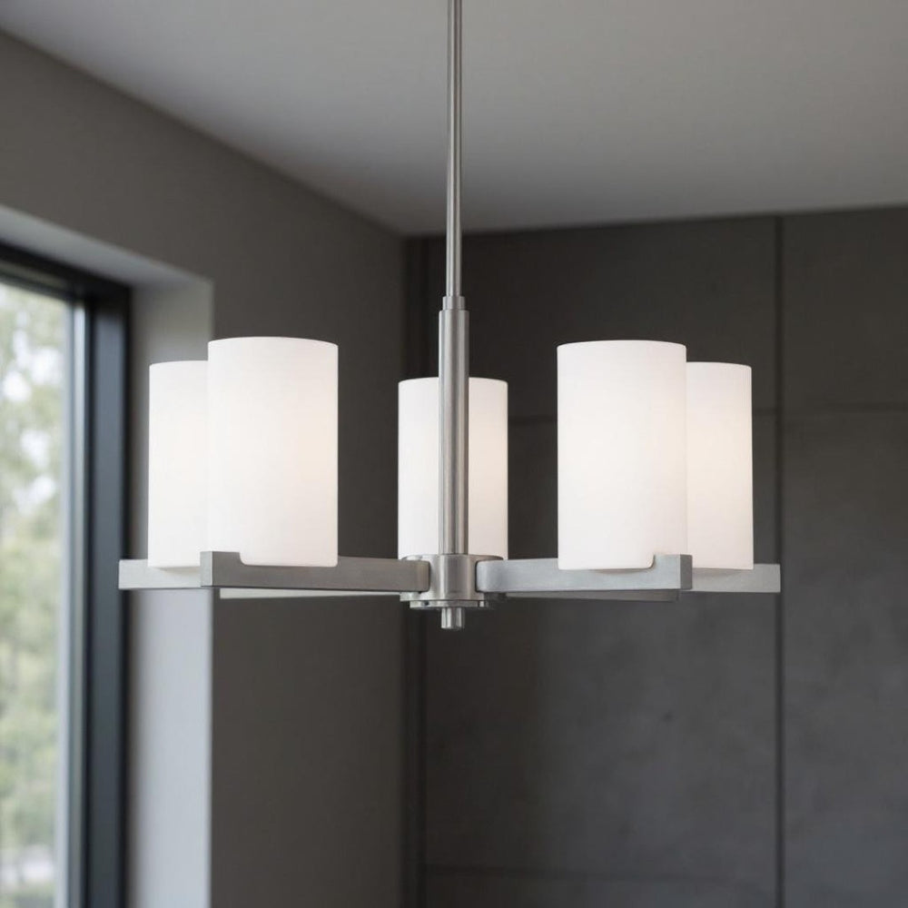 HomeRoots Five Light Dimmable Chandelier: Modern Steel Shades for Stylish Ambiance in Any Room 687115