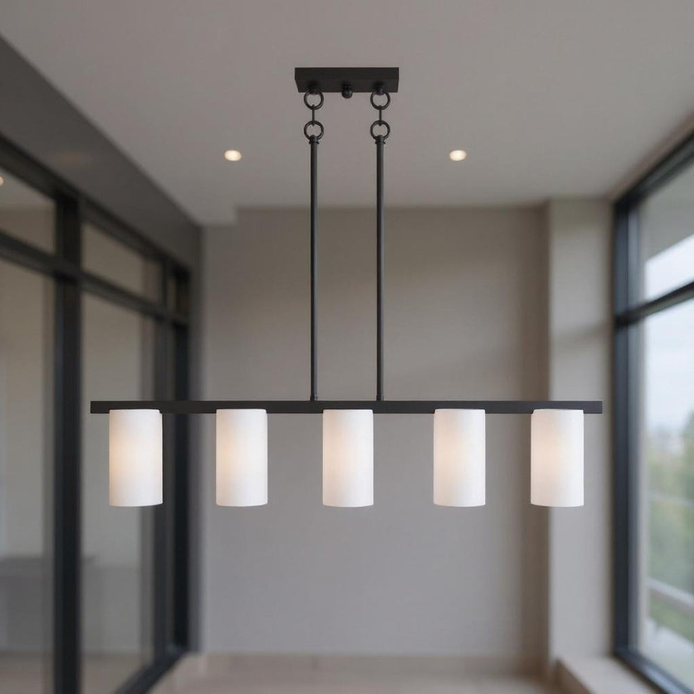 HomeRoots Five Light Dimmable Chandelier with Cylinder Shades - Modern Steel Design for Versatile Home Illumination 687117