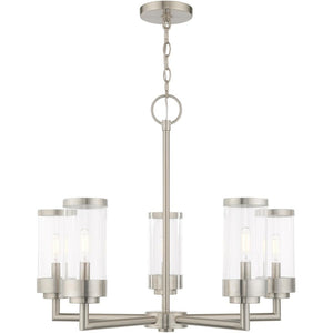 HomeRoots Five Light Dimmable Chandelier with Modern Cylindrical Shades for Elegant Home Lighting Solutions 687123