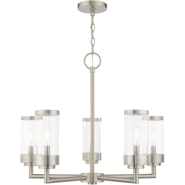 HomeRoots Five Light Dimmable Chandelier with Modern Cylindrical Shades for Elegant Home Lighting Solutions 687123