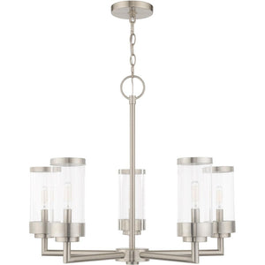 HomeRoots Five Light Dimmable Chandelier with Modern Cylindrical Shades for Elegant Home Lighting Solutions 687123