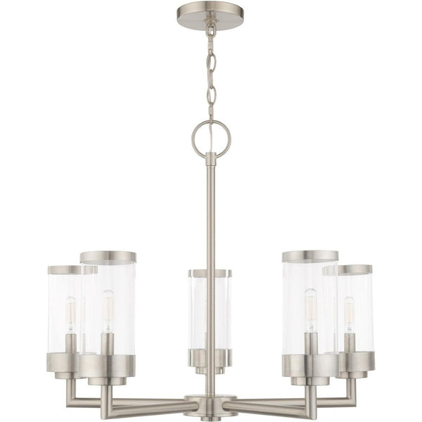 HomeRoots Five Light Dimmable Chandelier with Modern Cylindrical Shades for Elegant Home Lighting Solutions 687123