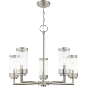 HomeRoots Five Light Dimmable Chandelier with Modern Cylindrical Shades for Elegant Home Lighting Solutions 687123