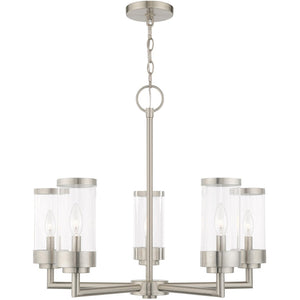 HomeRoots Five Light Dimmable Chandelier with Modern Cylindrical Shades for Elegant Home Lighting Solutions 687123