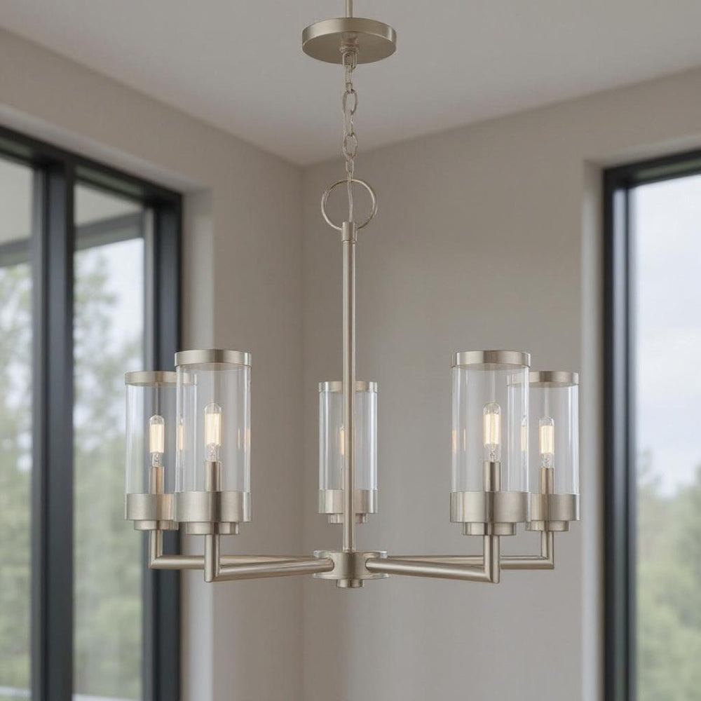 HomeRoots Five Light Dimmable Chandelier with Modern Cylindrical Shades for Elegant Home Lighting Solutions 687123