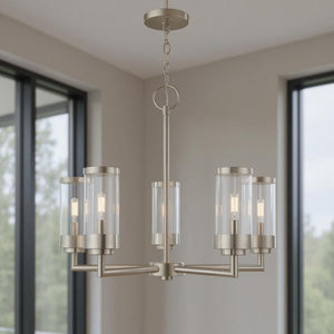 HomeRoots Five Light Dimmable Chandelier with Modern Cylindrical Shades for Elegant Home Lighting Solutions 687123