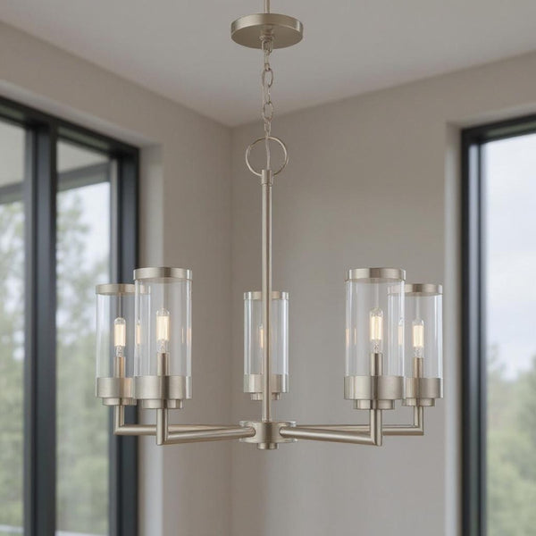 HomeRoots Five Light Dimmable Chandelier with Modern Cylindrical Shades for Elegant Home Lighting Solutions 687123