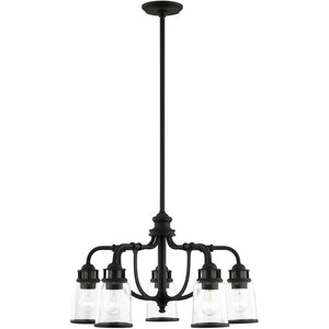HomeRoots Black Five-Light Dimmable Chandelier with Contemporary Cylinder Shades for Modern Spaces & Style 687125