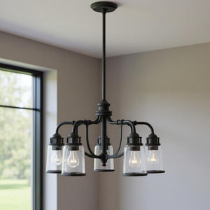 HomeRoots Black Five-Light Dimmable Chandelier with Contemporary Cylinder Shades for Modern Spaces & Style 687125