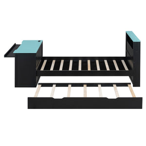 English Elm Twin Wood Gaming Daybed with Trundle Built-in Desk Rgb Lighting and Usb Port Black+Blue LT000283AAC